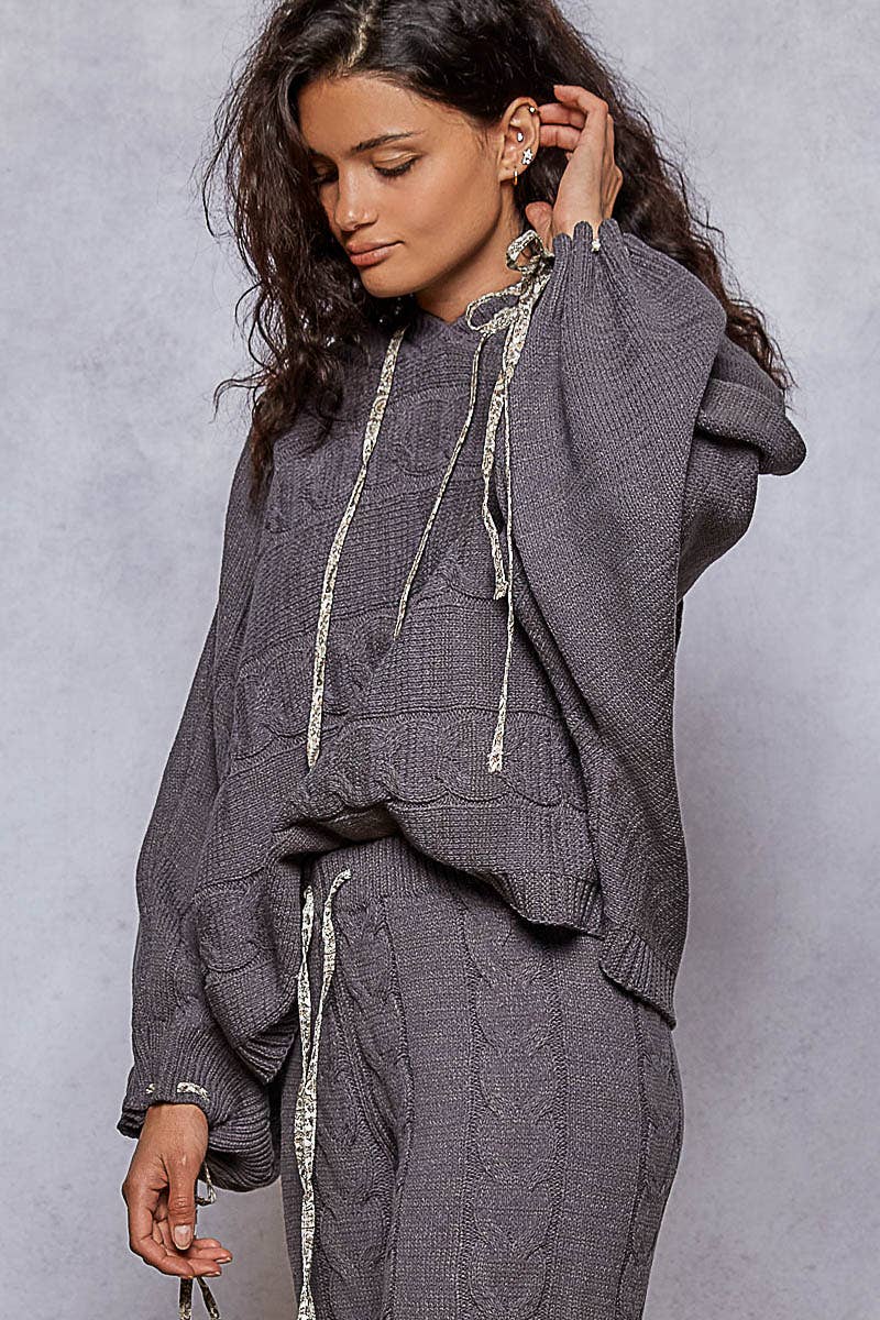 Balloon sleeve chenille twisted weave hoodie sweater