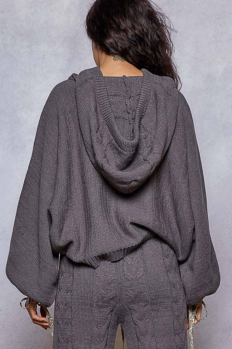 Balloon sleeve chenille twisted weave hoodie sweater