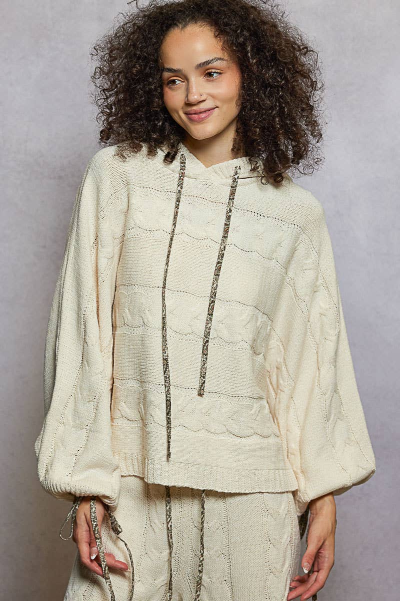 Balloon sleeve chenille twisted weave hoodie sweater