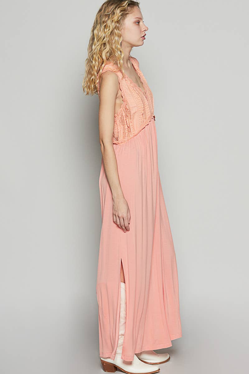 V-neck sleeveless cut sew knit lace trim solid dress