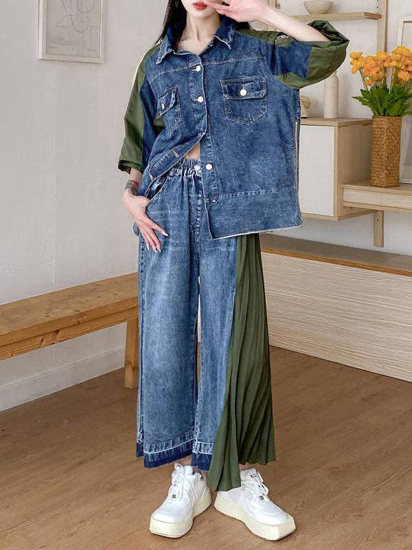 Loose Ninth Pants Contrast Color Pleated Split-Joint Casual Pants Bottoms Trousers