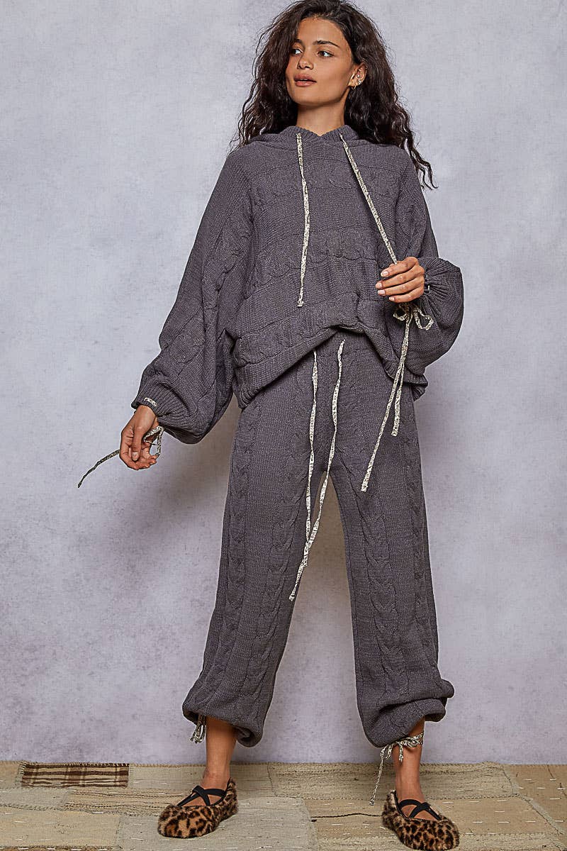 Balloon sleeve chenille twisted weave hoodie sweater