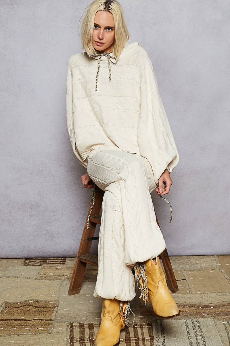 Balloon sleeve chenille twisted weave hoodie sweater