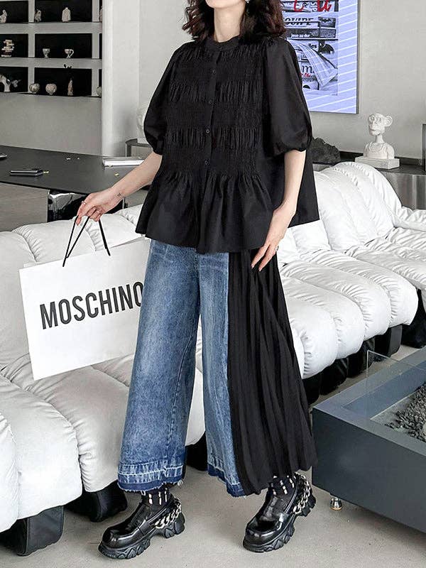 Loose Ninth Pants Contrast Color Pleated Split-Joint Casual Pants Bottoms Trousers