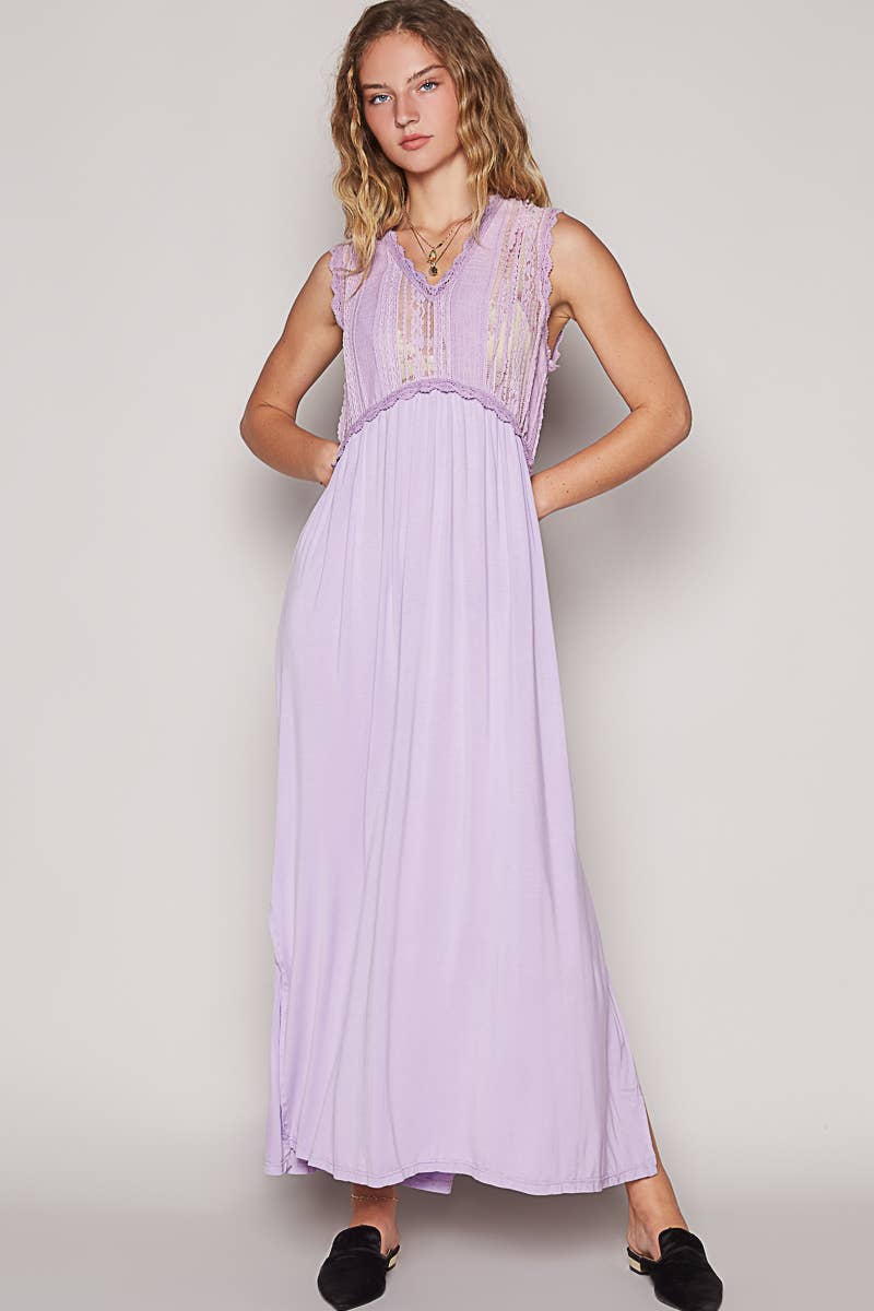 V-neck sleeveless cut sew knit lace trim solid dress