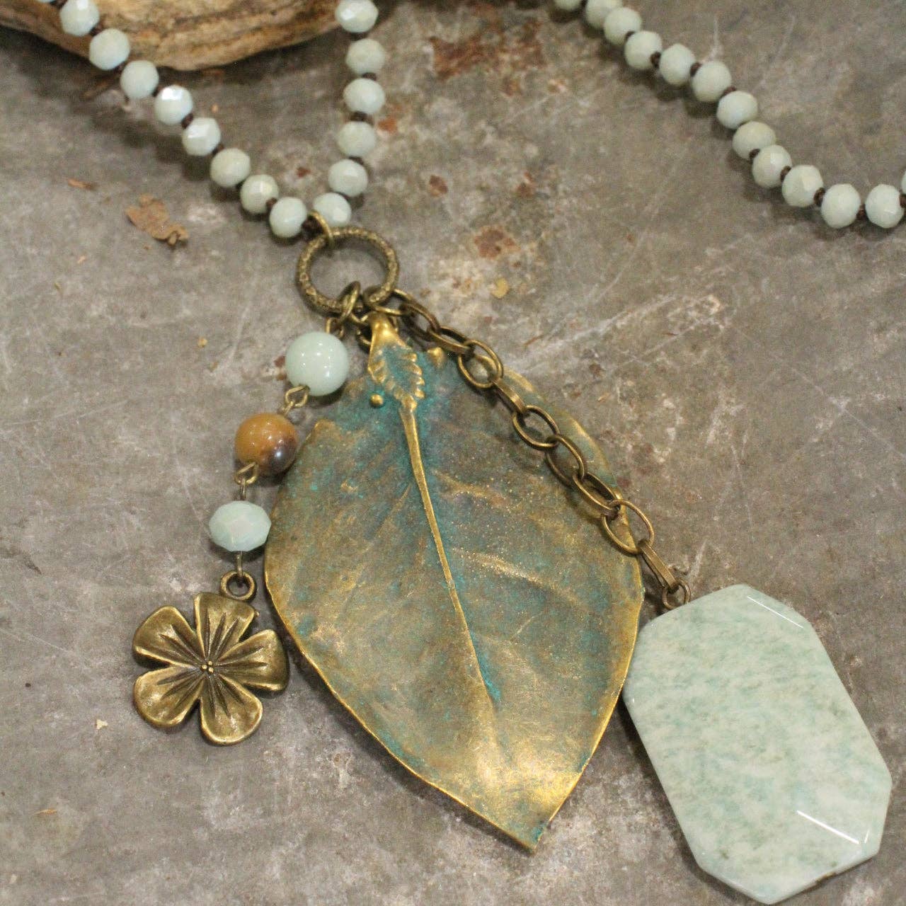 Verdigris Leaf & Beaded Stone Necklace