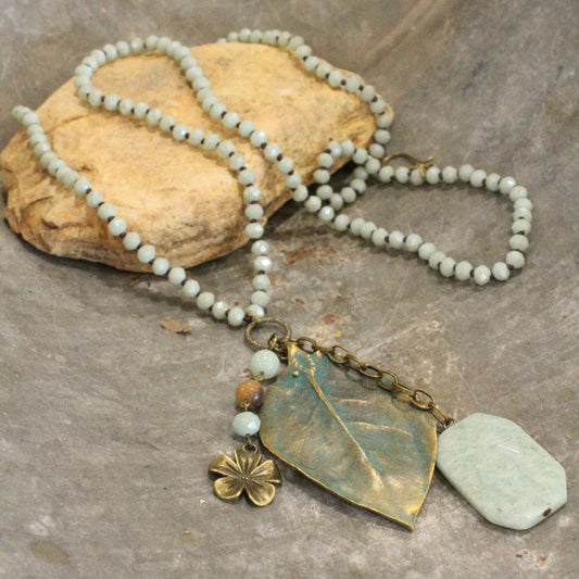 Verdigris Leaf & Beaded Stone Necklace