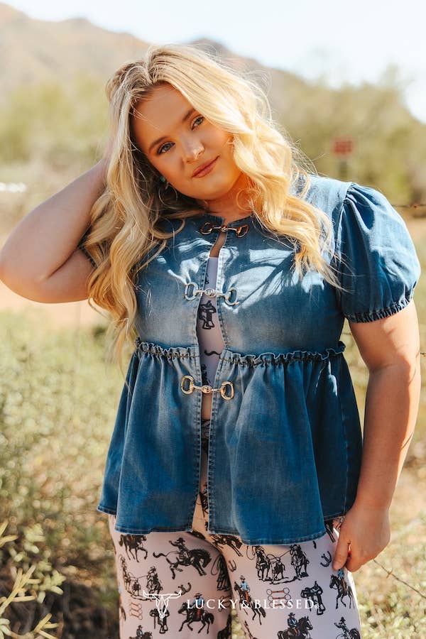 Denim Puff Sleeve Peplum Top W Western Buckle Front Detail