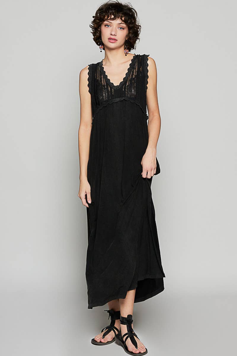 V-neck sleeveless cut sew knit lace trim solid dress