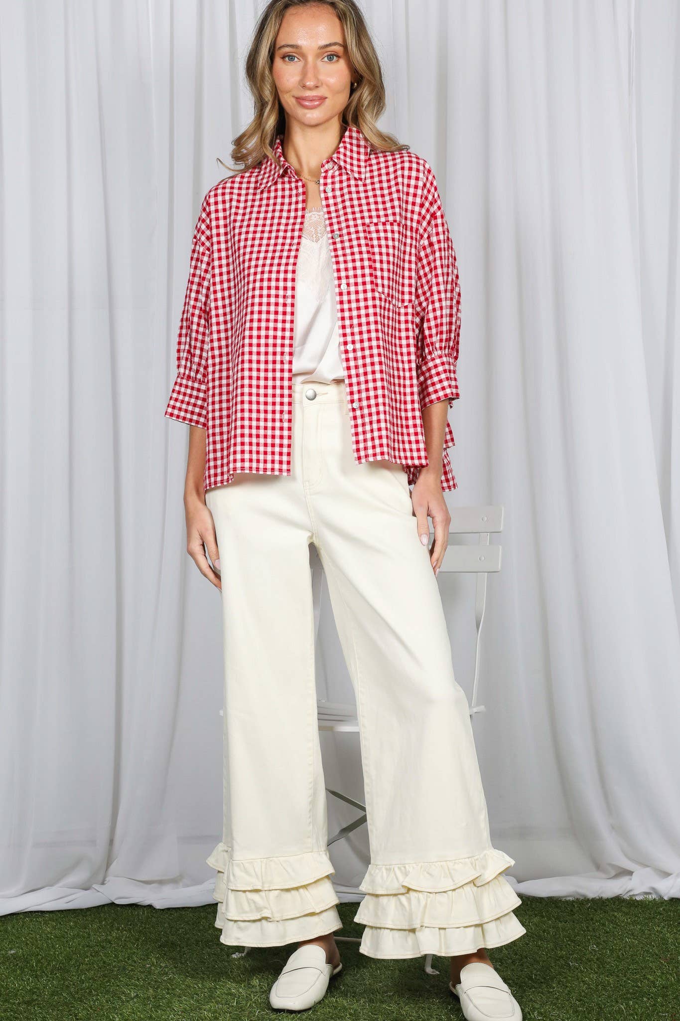 Gingham Puff Sleeve Ruffle Accent 100%Cotton Shirt VT83518C