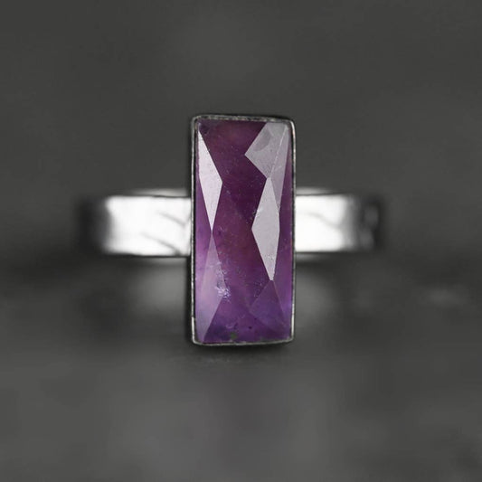 Amethyst  Rectangle Ring ~ Hand Hammered Gunmetal Band