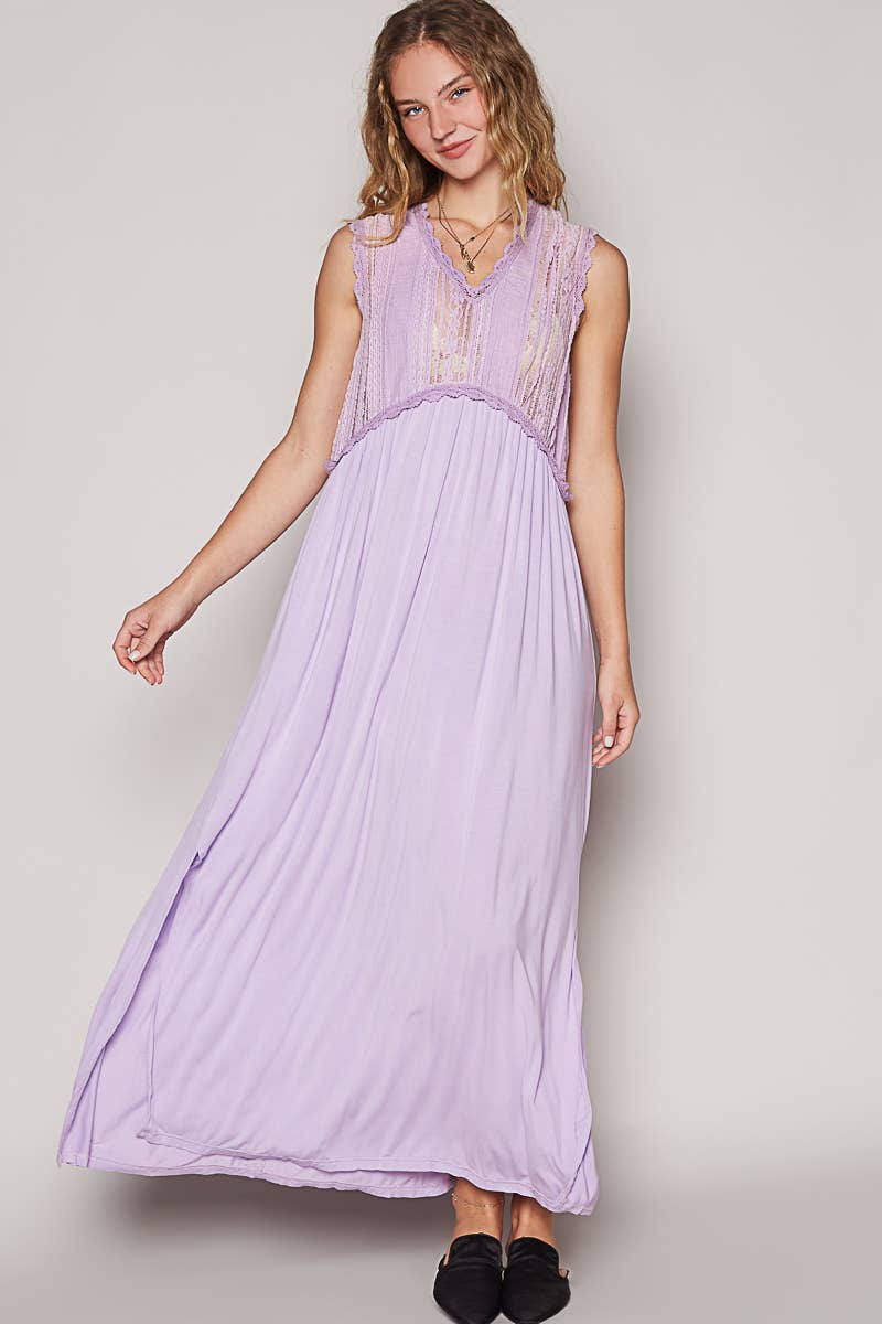 V-neck sleeveless cut sew knit lace trim solid dress