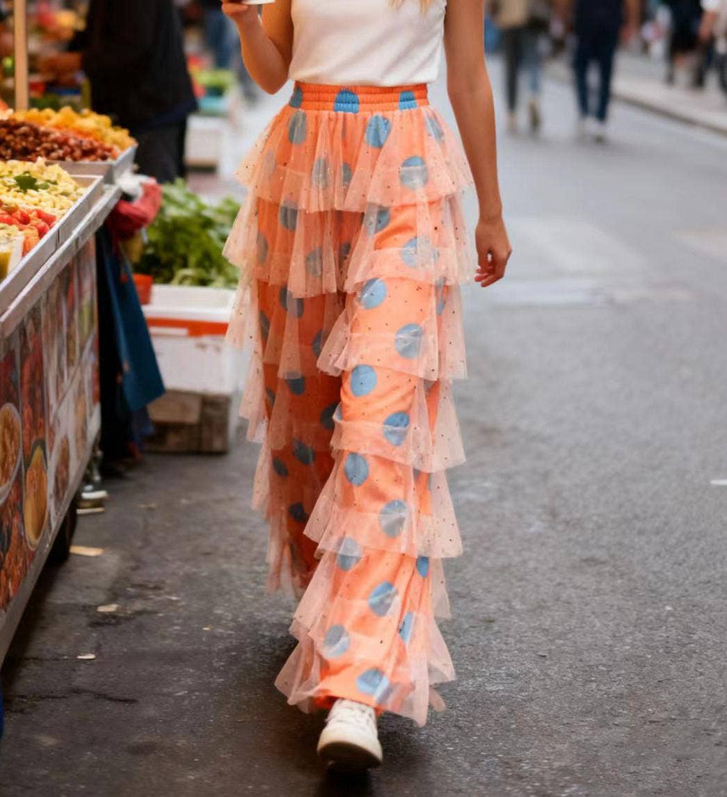 Striped Ruffles Trousers Wide-leg Tulle Pants