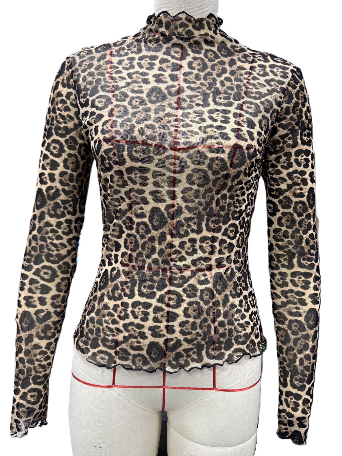 Western Mesh Leopard Print Long-Sleeved Top