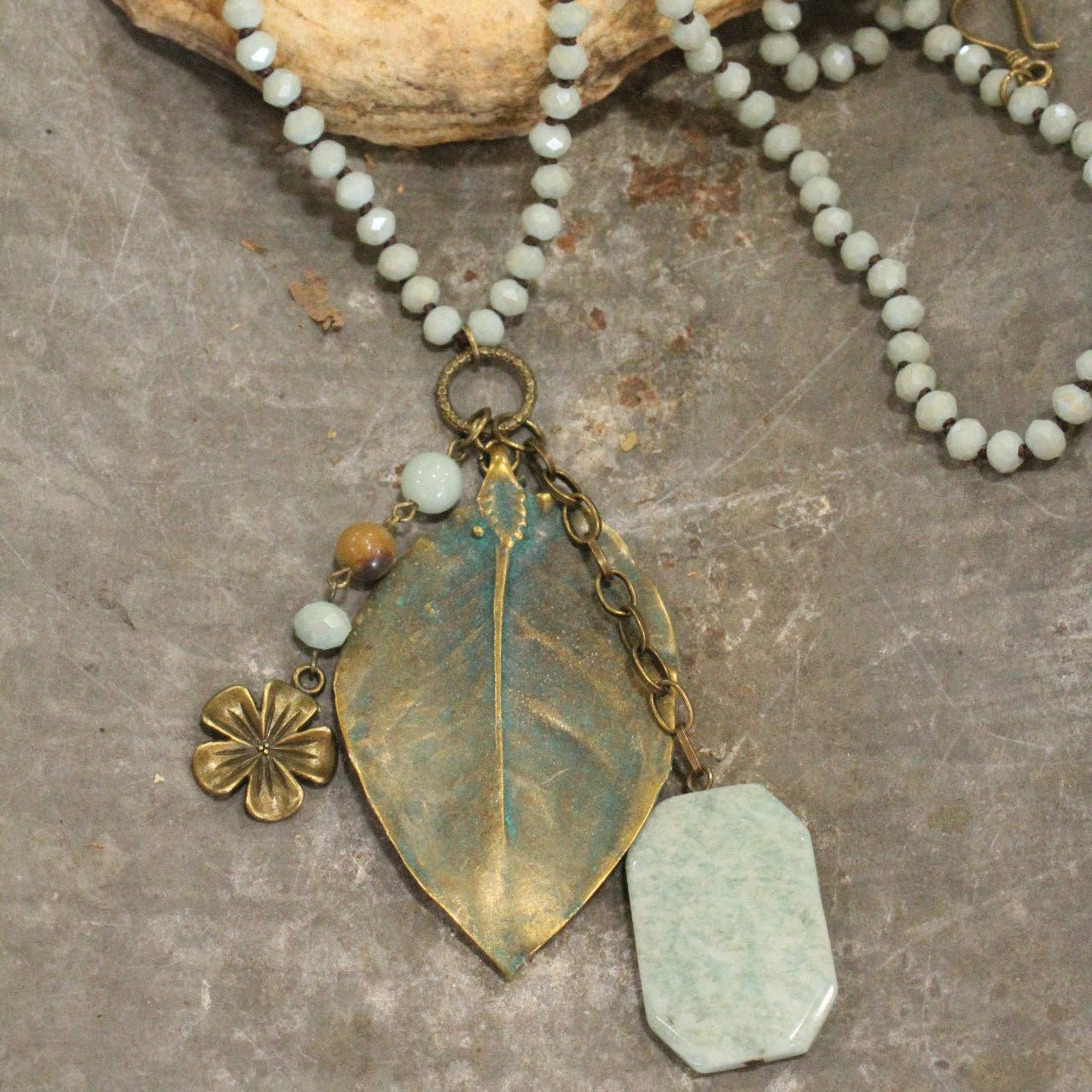 Verdigris Leaf & Beaded Stone Necklace