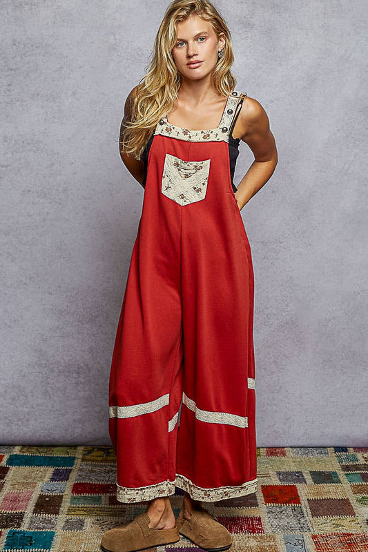 Tomato French terry knit overalls