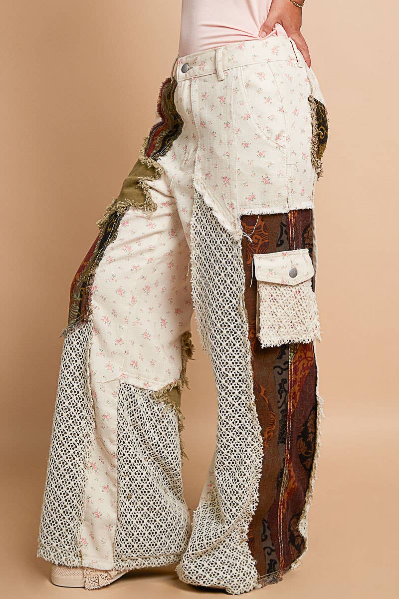 Printed patchwork detail woven twill pants