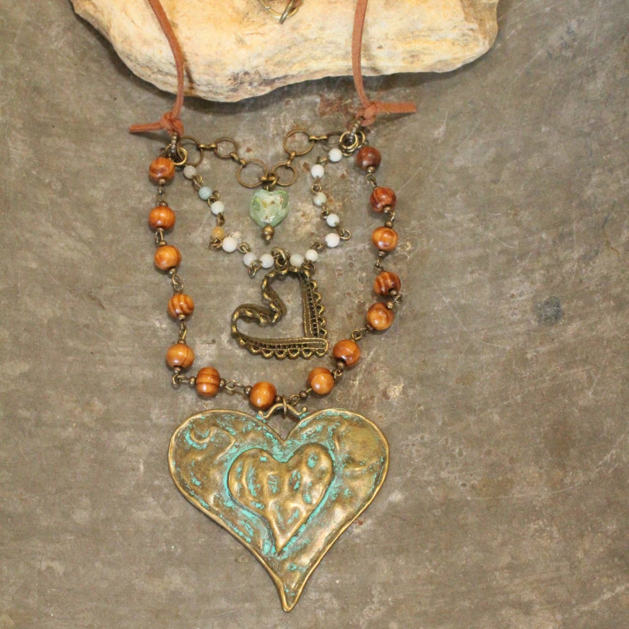 Verdigris Leather Heart Layered Necklace