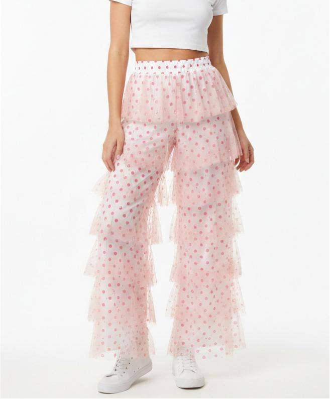 Striped Ruffles Trousers Wide-leg Tulle Pants