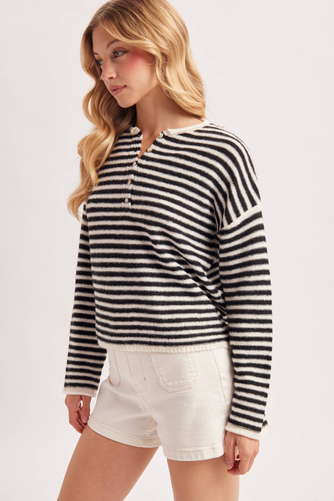 RELAXED STRIPE HENLEY KNIT PULLOVER