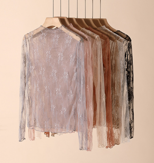 Semi Sheer Mesh Floral Lace Layering See Through Top
