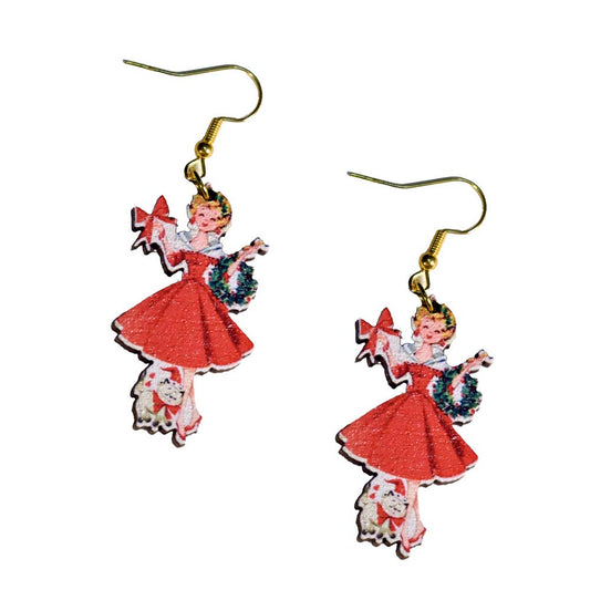 Vintage Christmas Lady with Cat Earrings