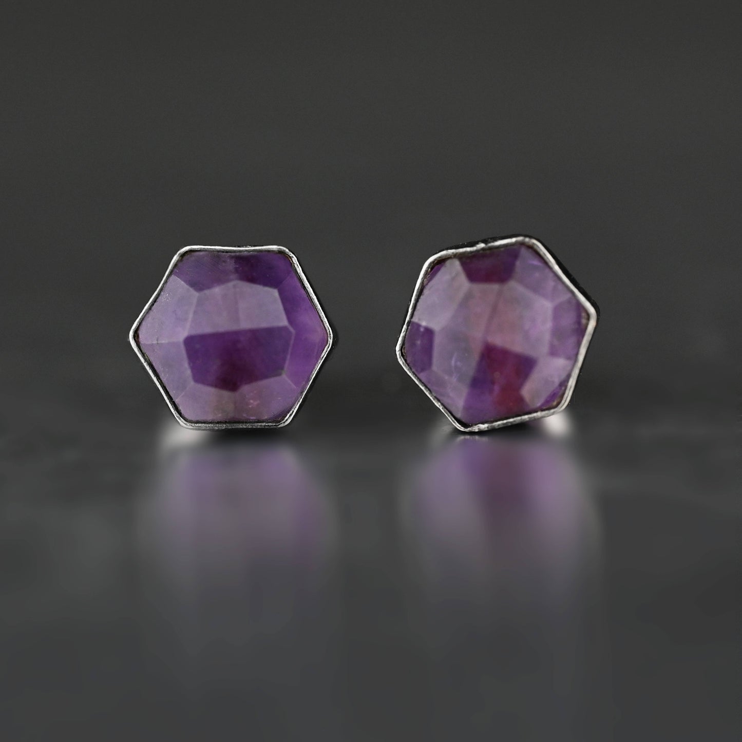 Semi Precious Hexagon Gemstone Studs (8mm)  (Gunmetal)