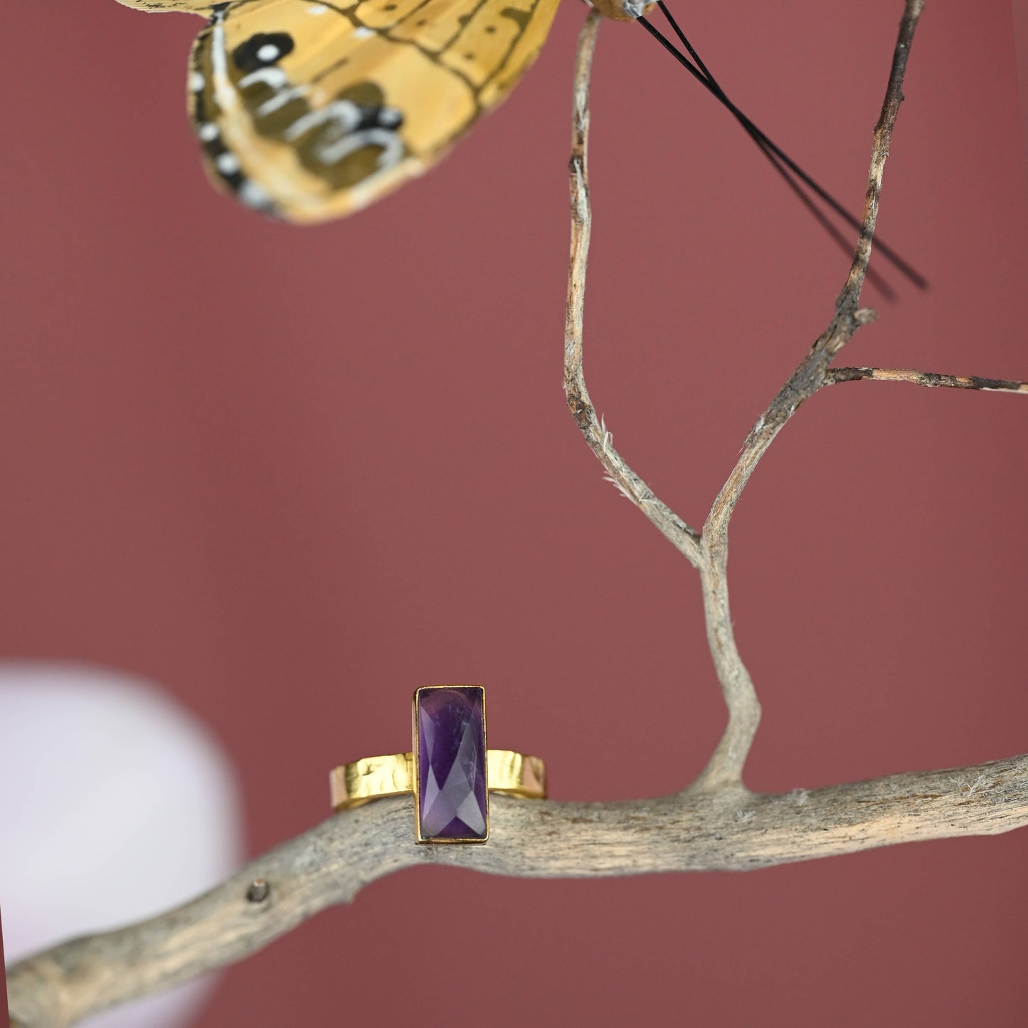 Amethyst  Rectangle Ring on a Hand Hammered Golden Band