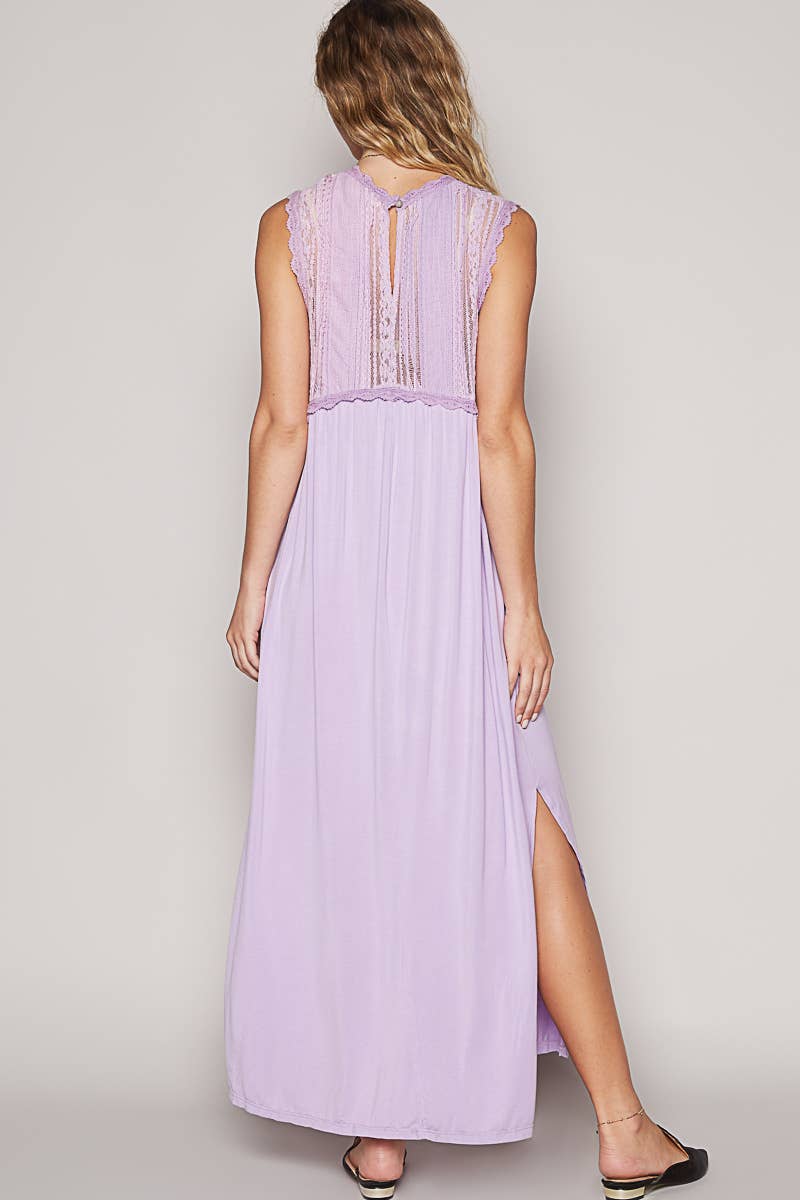 V-neck sleeveless cut sew knit lace trim solid dress