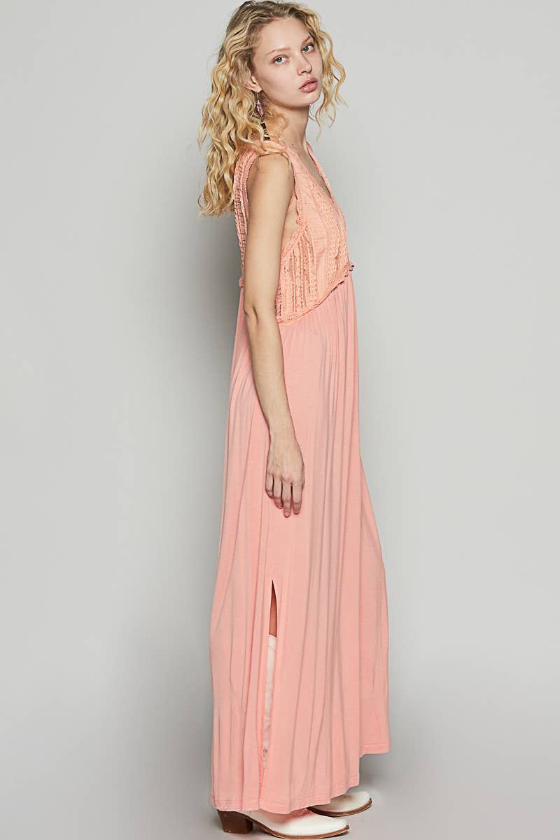 V-neck sleeveless cut sew knit lace trim solid dress