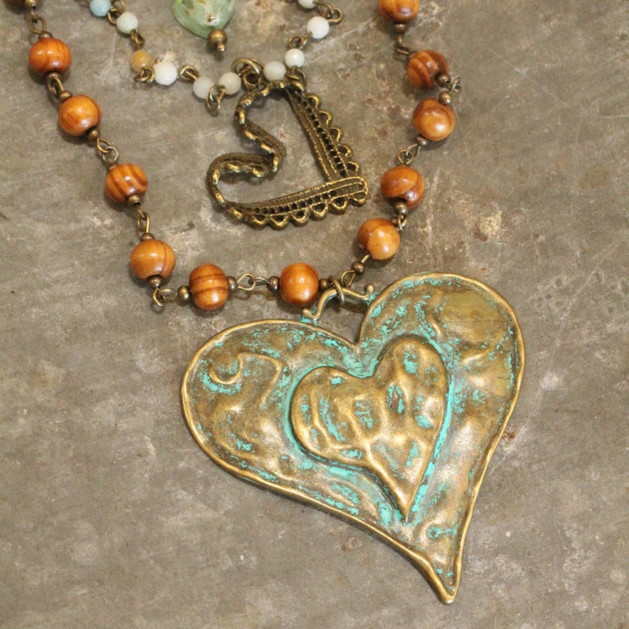 Verdigris Leather Heart Layered Necklace