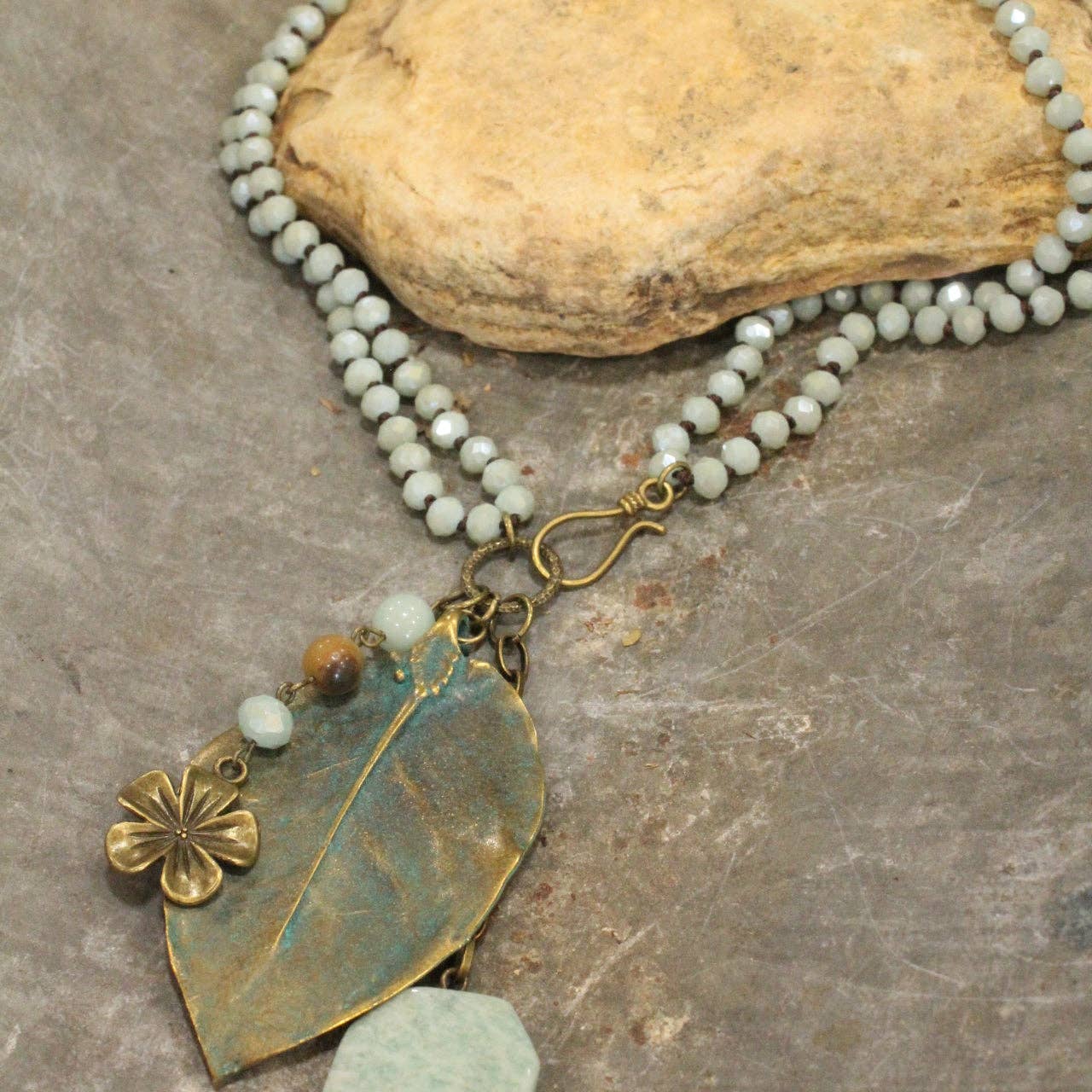 Verdigris Leaf & Beaded Stone Necklace