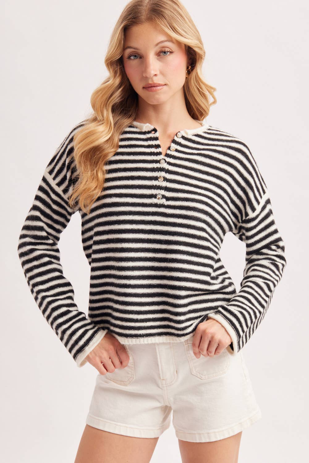 RELAXED STRIPE HENLEY KNIT PULLOVER