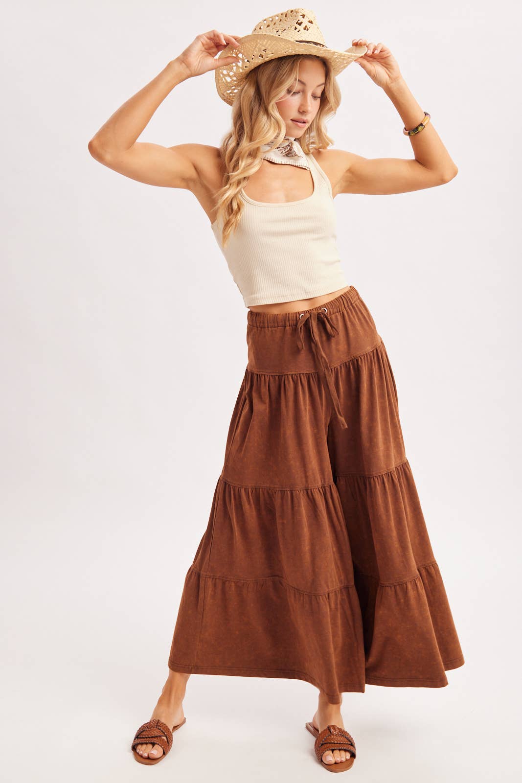 BOHO TIERED DRAWSTRING WIDE LEG PANTS