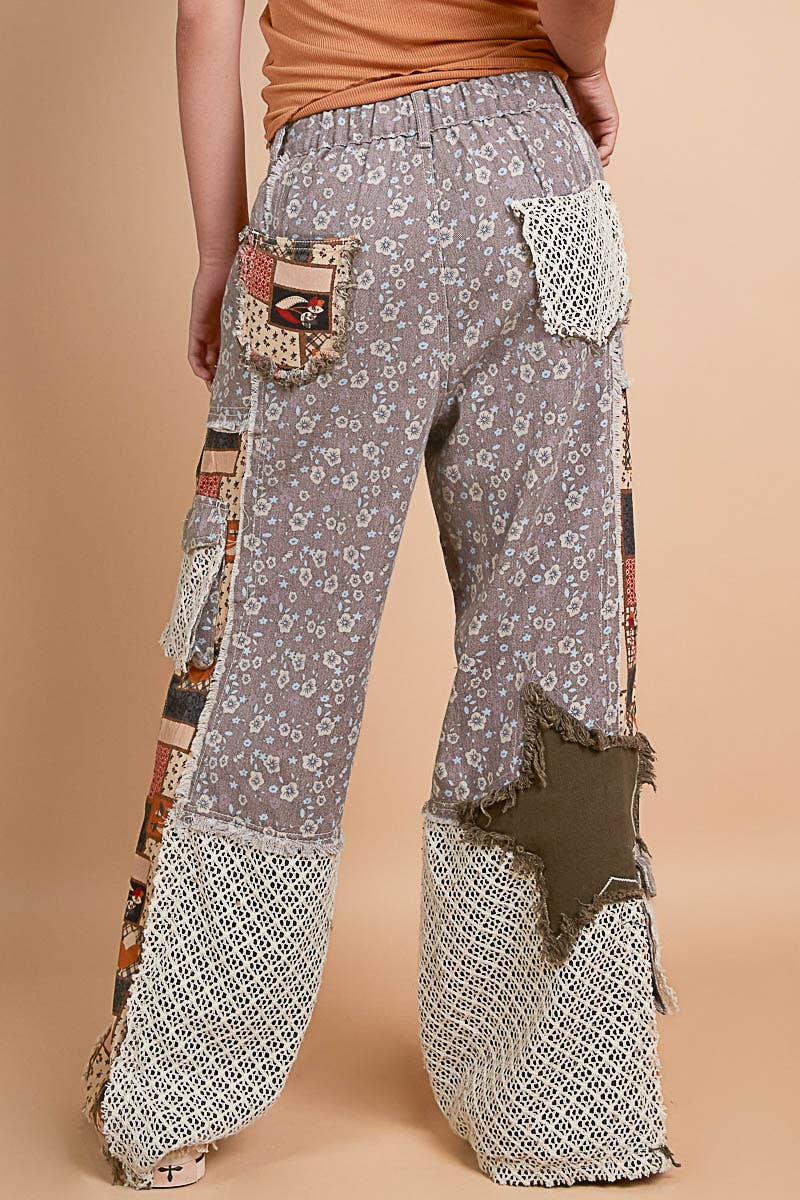 Printed patchwork detail woven twill pants