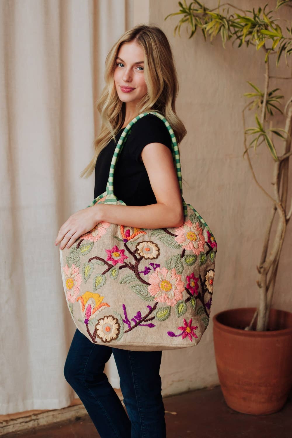 Green, Navy & Multicolored Floral Tote
