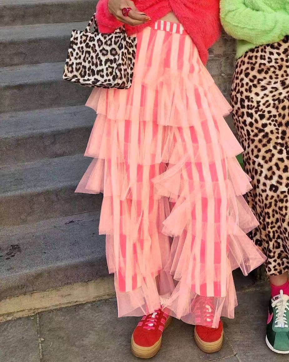 Striped Ruffles Trousers Wide-leg Tulle Pants