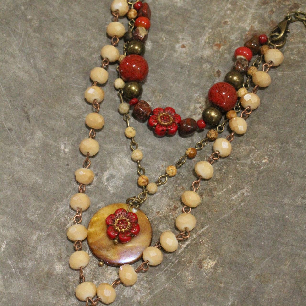 Red Czech Flower Stone Layered Pendant Necklace