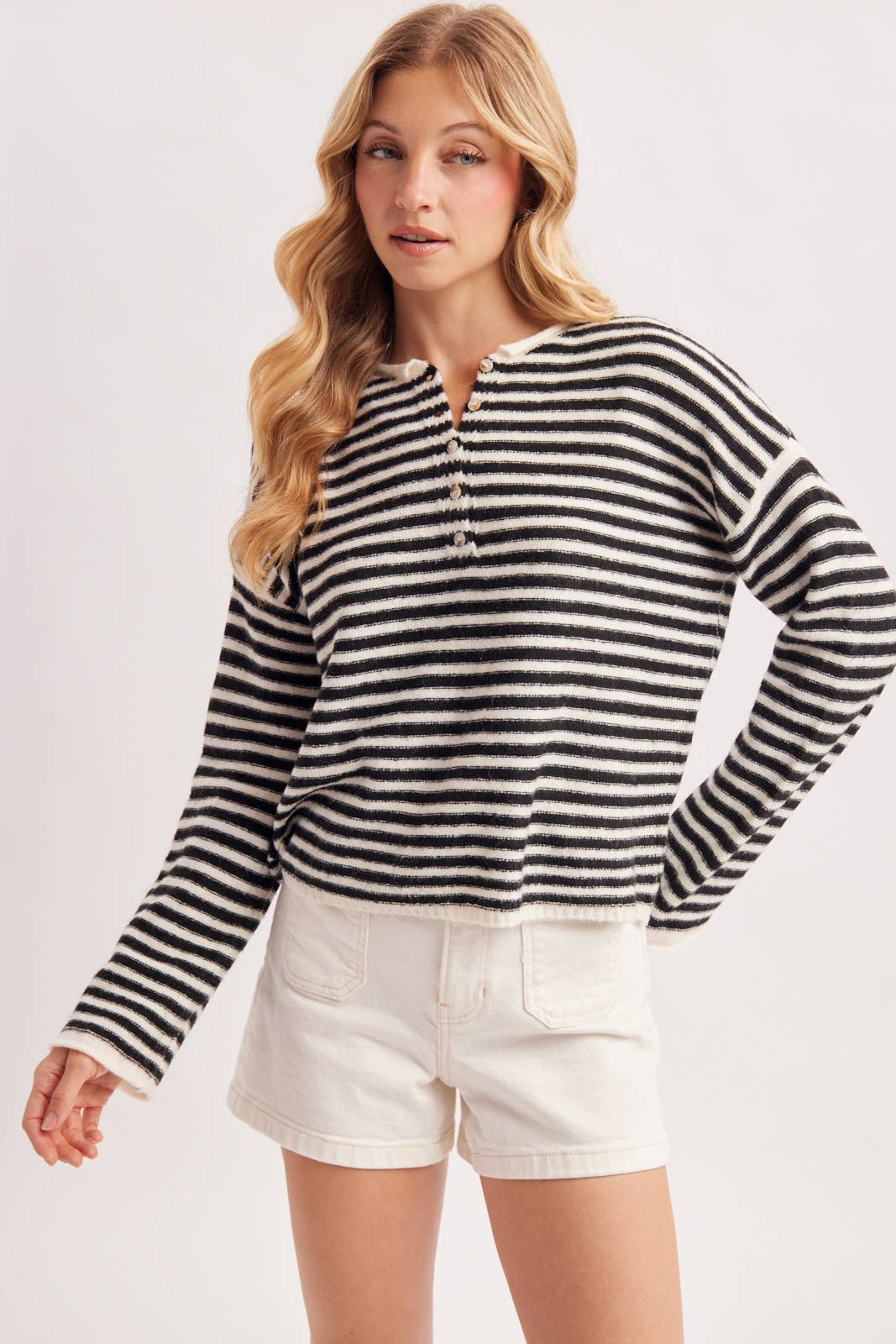 RELAXED STRIPE HENLEY KNIT PULLOVER
