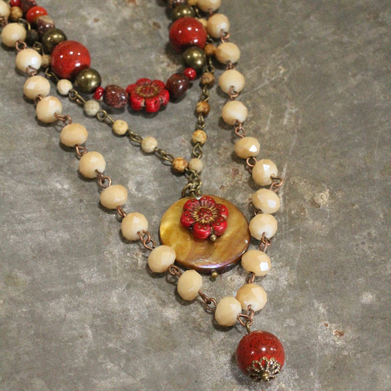 Red Czech Flower Stone Layered Pendant Necklace