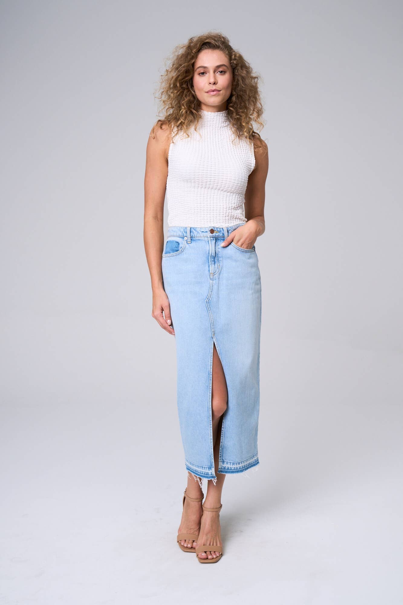 Joplin Maxi Skirt w/front Slit & Frayed Hem in Light Denim