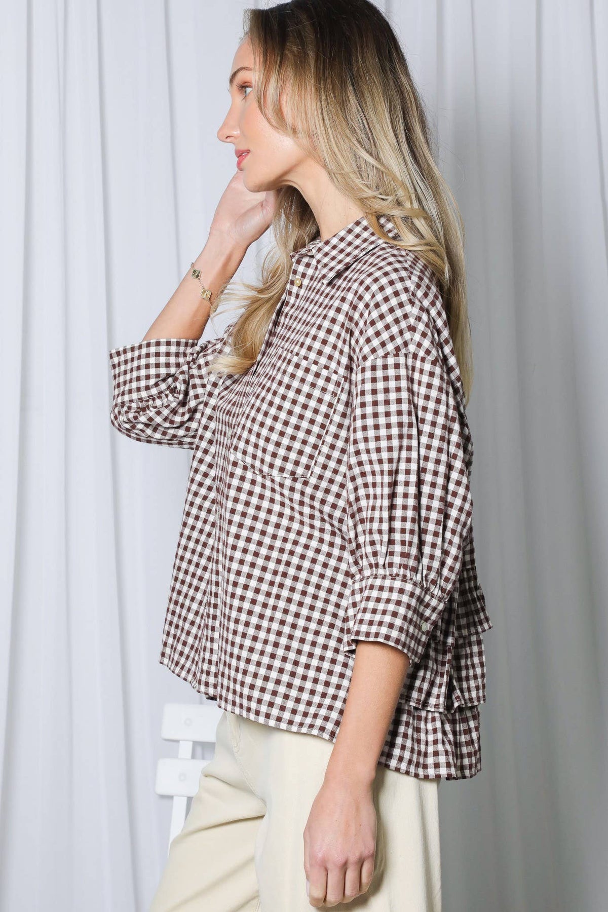 Gingham Puff Sleeve Ruffle Accent 100%Cotton Shirt VT83518C
