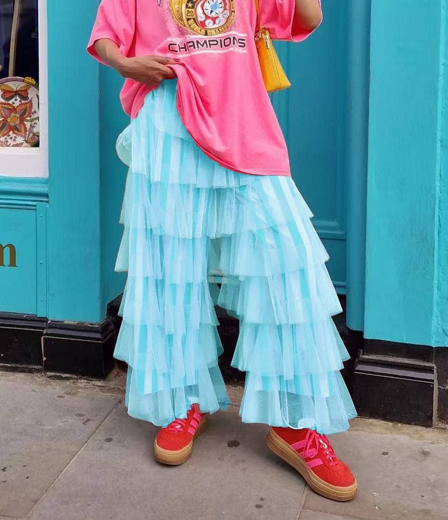 Striped Ruffles Trousers Wide-leg Tulle Pants