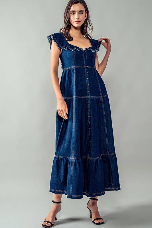 Lea Frayed Shoulder Straps Maxie Denim Dress