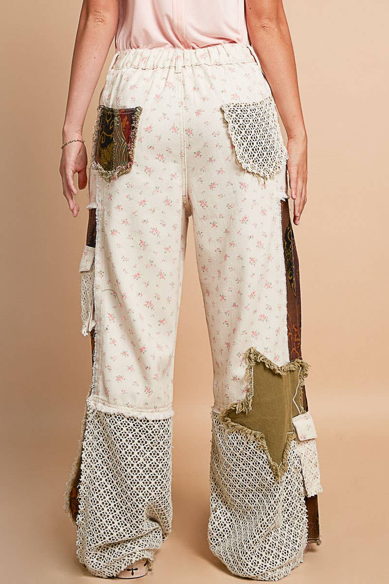 Printed patchwork detail woven twill pants