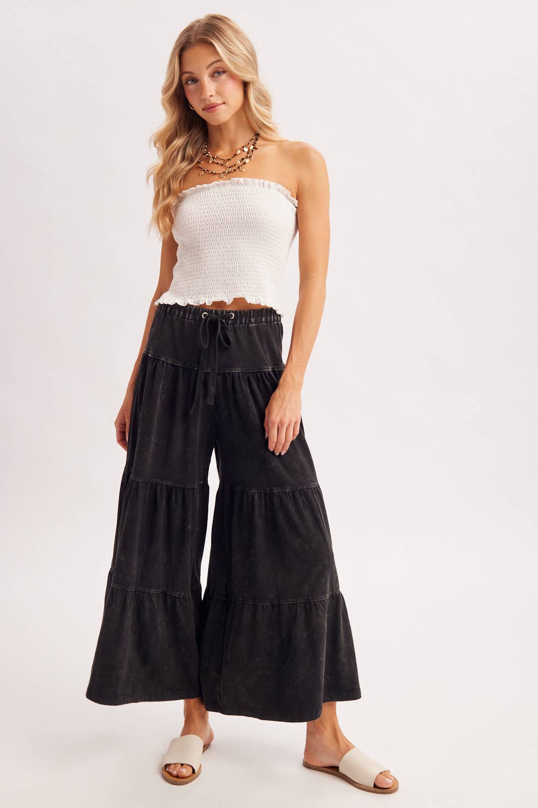 BOHO TIERED DRAWSTRING WIDE LEG PANTS