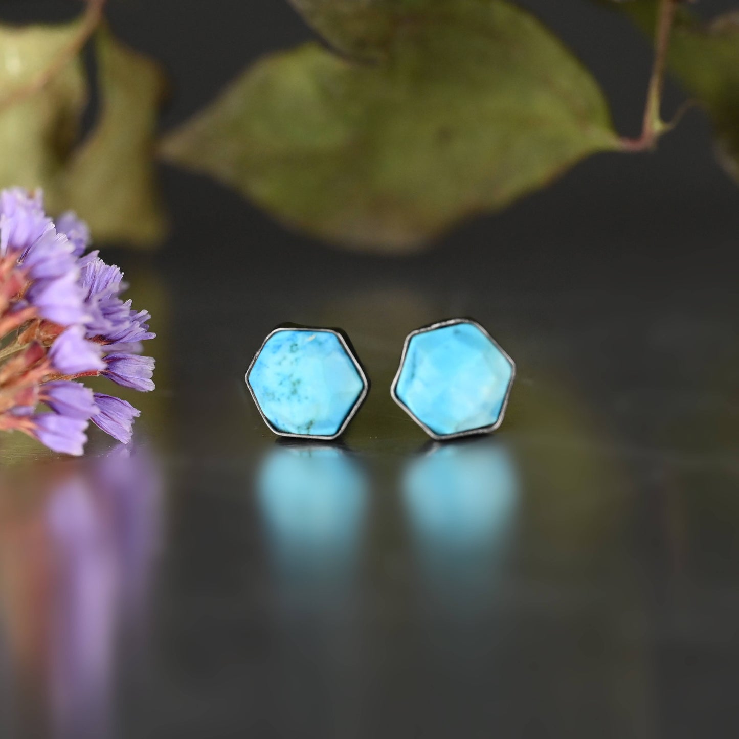 Semi Precious Hexagon Gemstone Studs (8mm)  (Gunmetal)