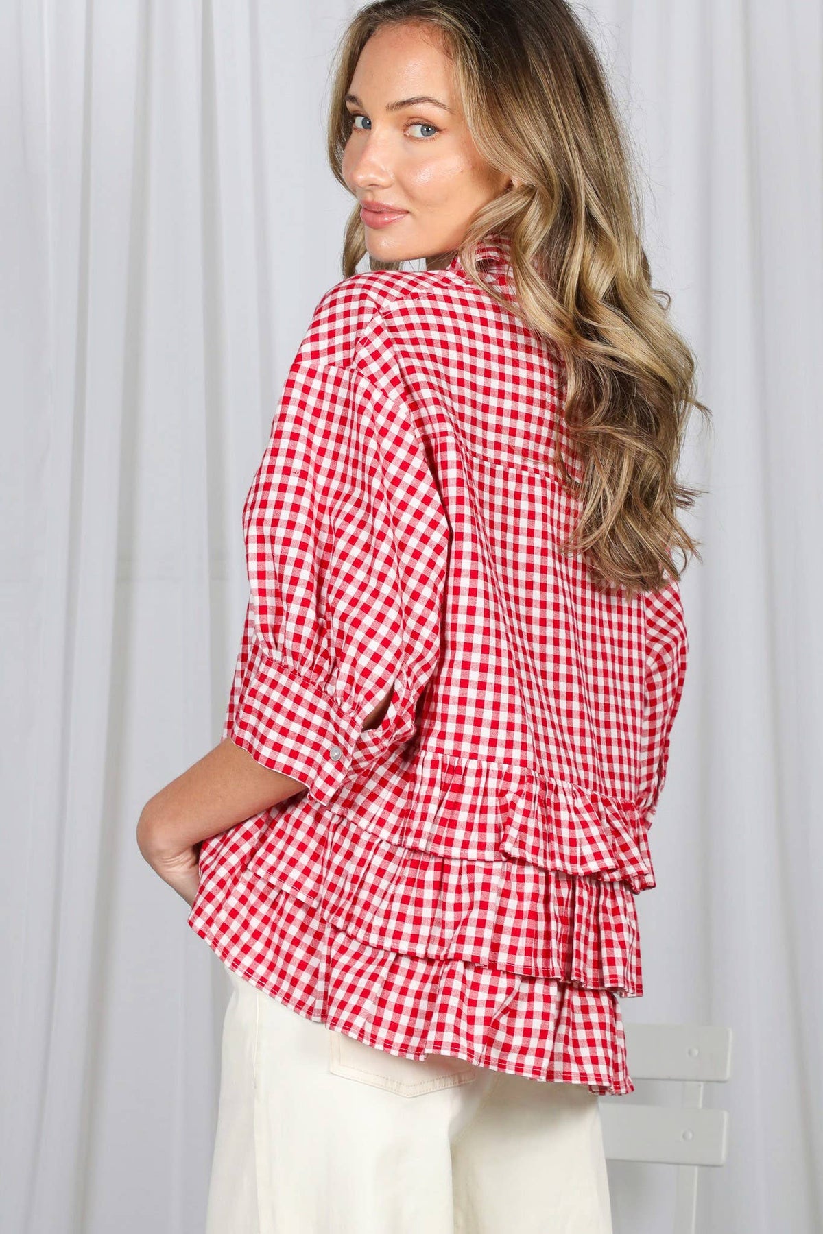 Gingham Puff Sleeve Ruffle Accent 100%Cotton Shirt VT83518C