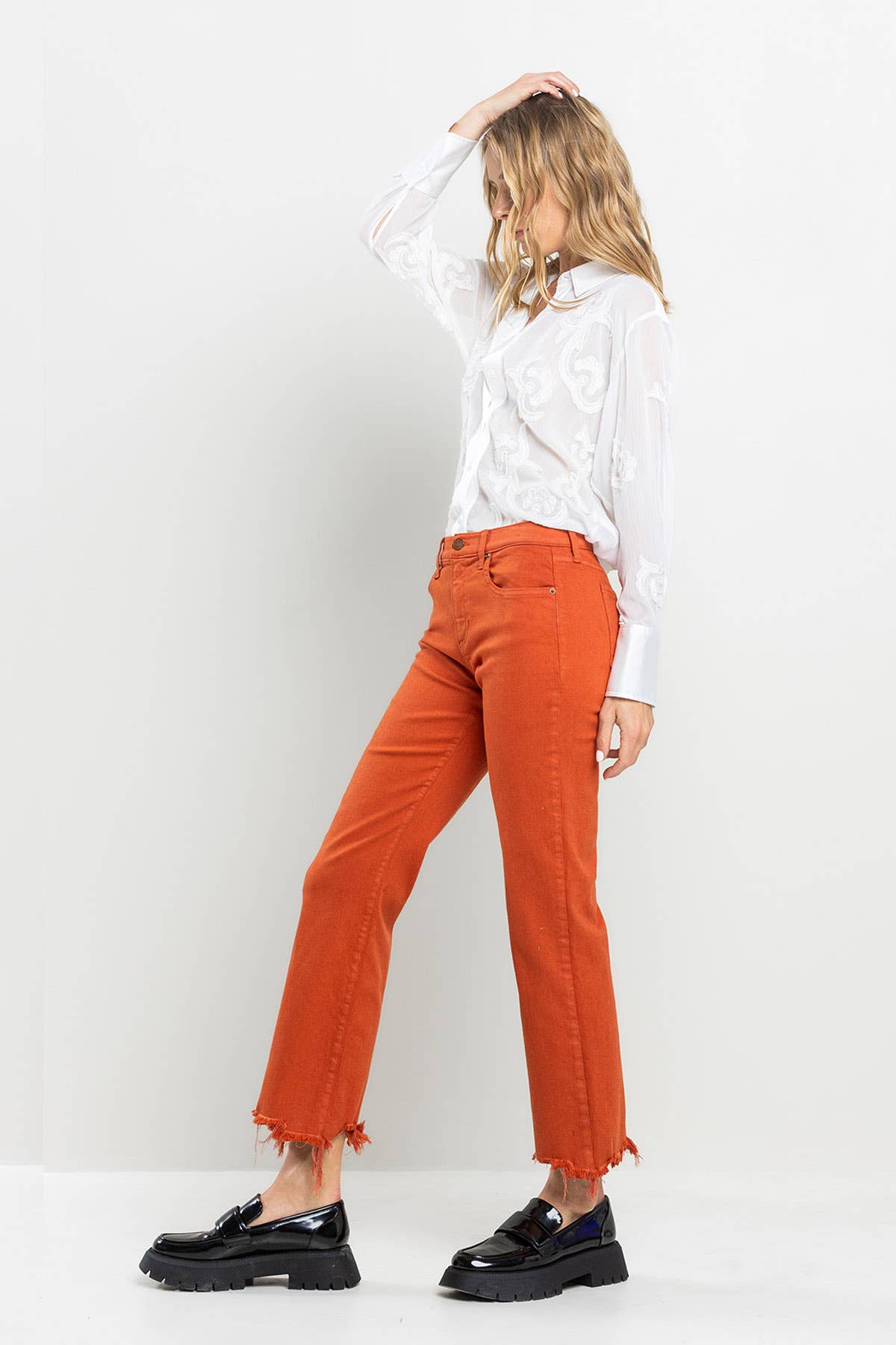 Fall Arrived Mid Rise Straight In Rooibos Tea with Frayed Hem Jeans