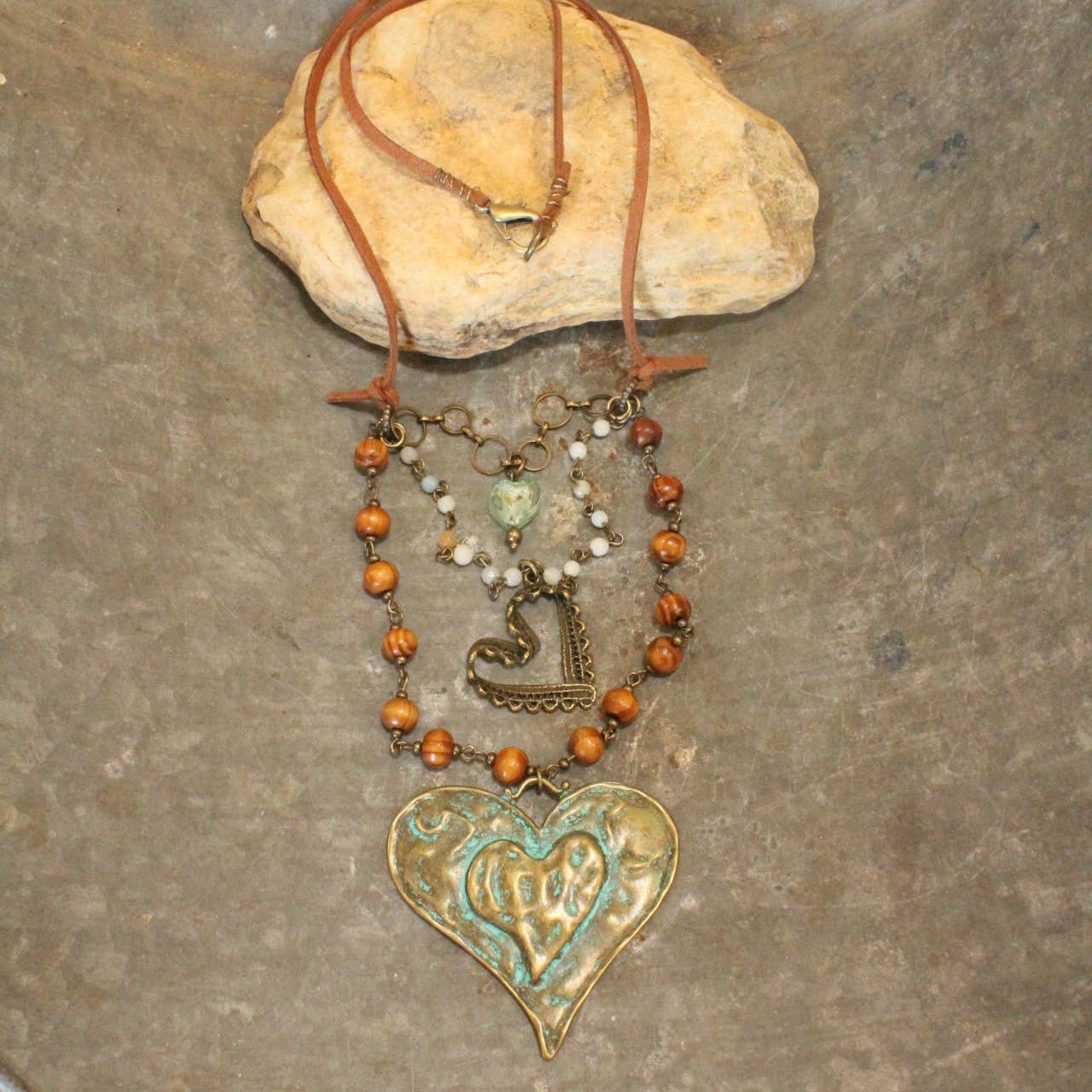 Verdigris Leather Heart Layered Necklace